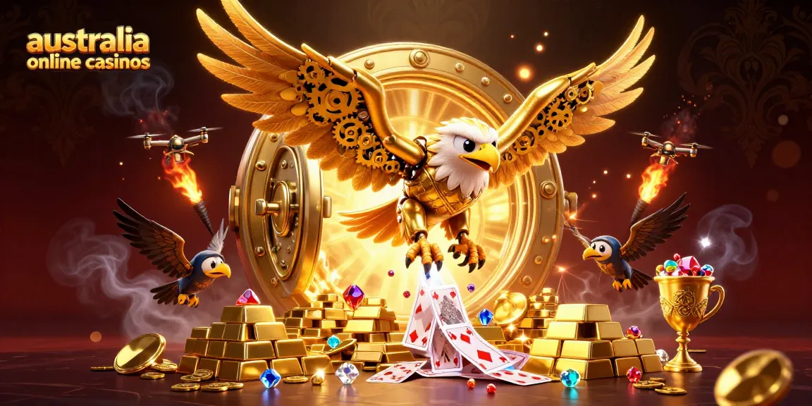 Experience thrilling action in Australia online casinos with a cybernetic eagle amidst gold treasures.