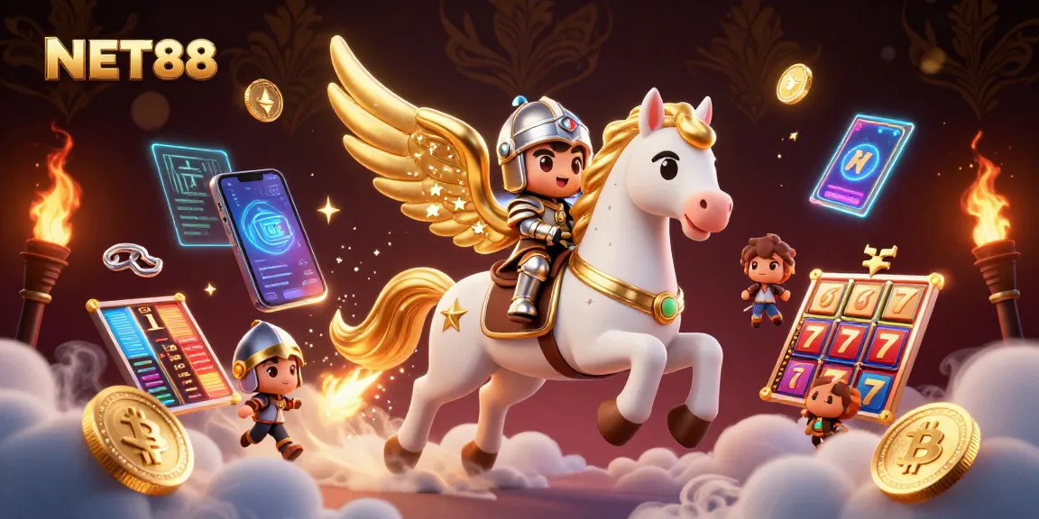 Experience NET88 gaming through a vibrant 3D illustration featuring a celestial horse and crypto elements