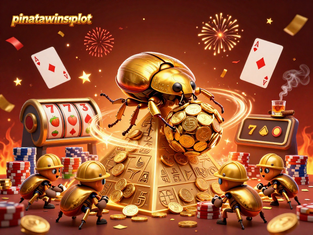 Engage with pinatawinsslot through this vibrant 3D illustration featuring casino symbols and golden elements.