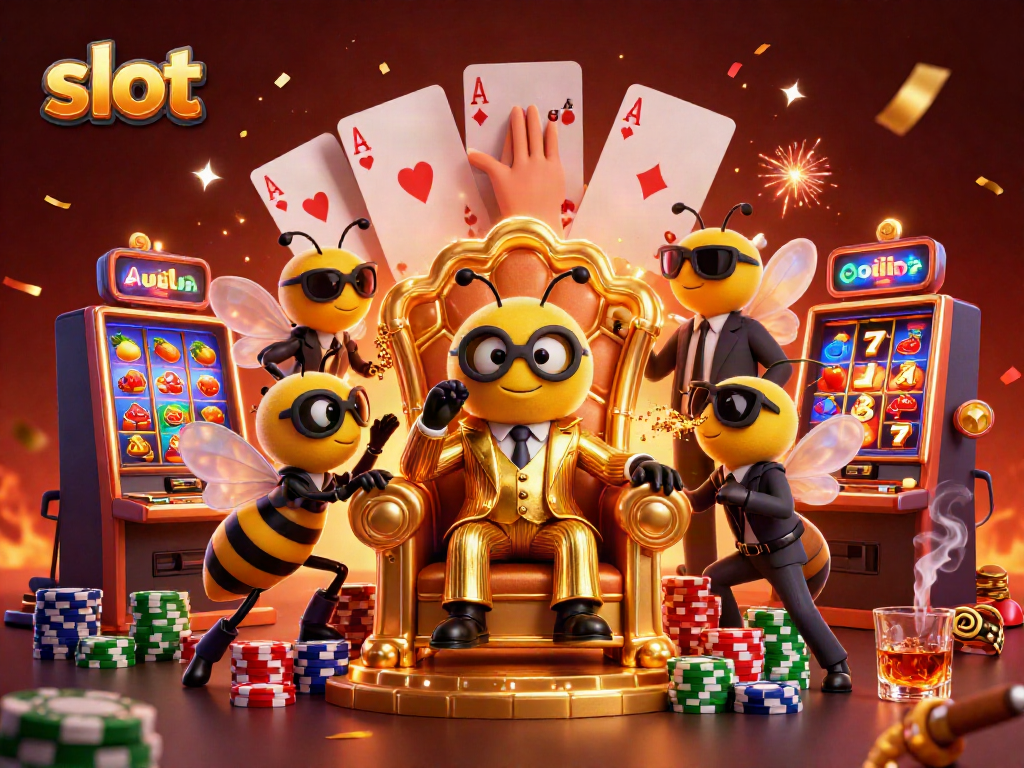 Experience the vibrant slot gaming scene with a 3D bumblebee mob boss and slot machines.