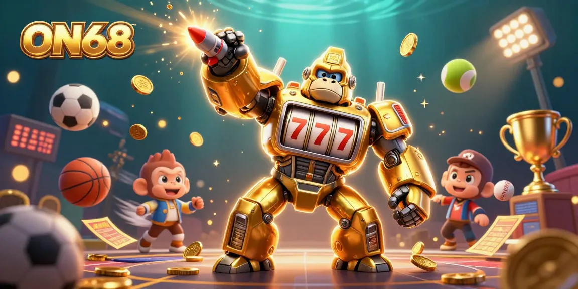 Engage in thrilling gaming with ON68's golden gorilla mech and dynamic sports elements