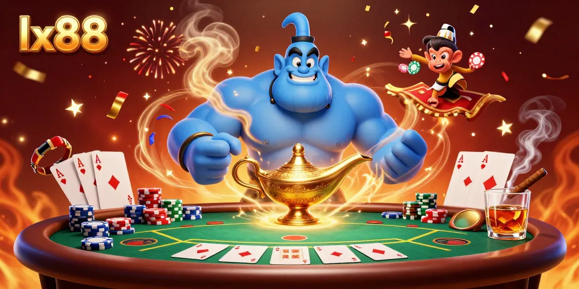 LX88's vibrant casino scene with a magical genie, poker game elements, and thrilling excitement for players.