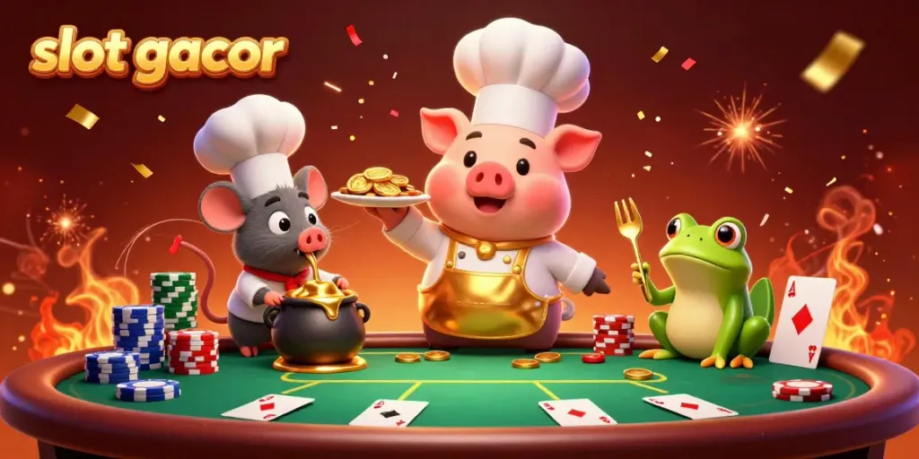 Chef pig serving gold coins in a festive casino scene themed around slot gacor.