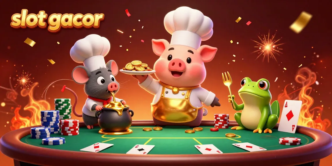 Chef pig serving gold coins in a festive casino scene themed around slot gacor.