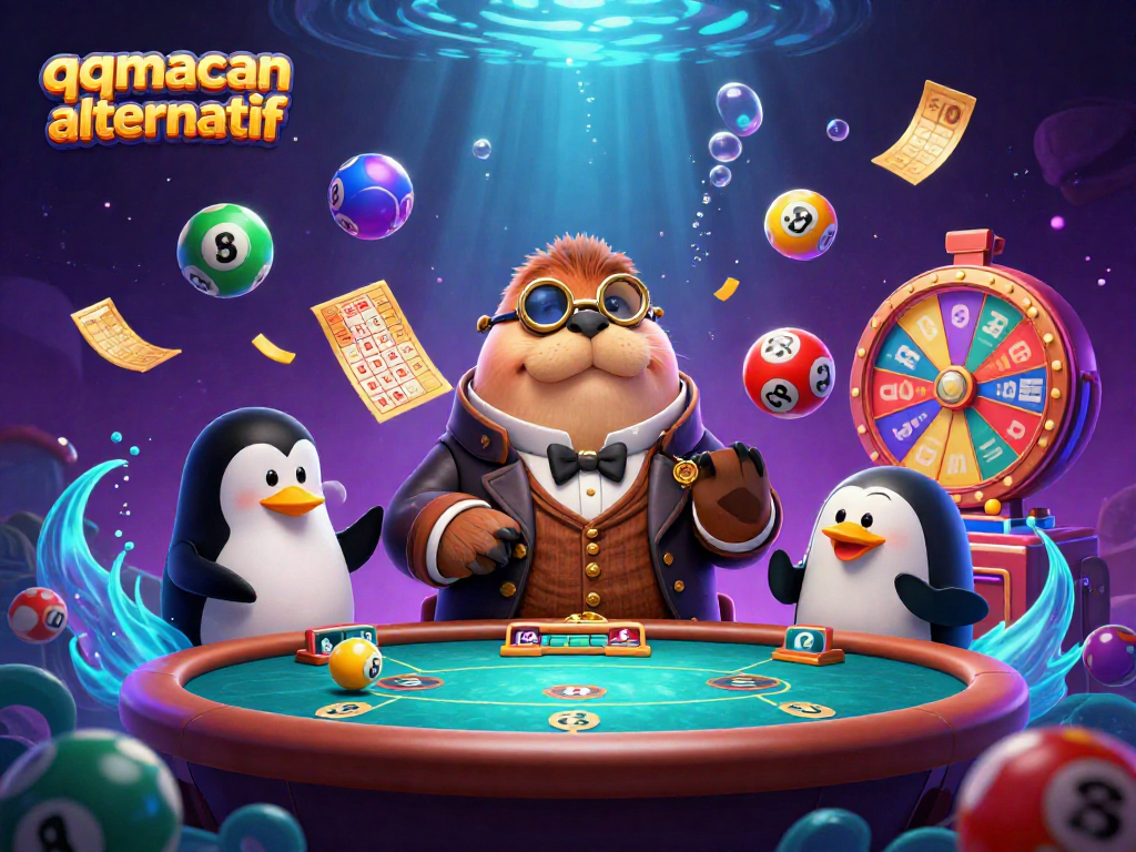 Engage with qqmacan alternatif in this underwater poker scene featuring a walrus, dealer penguin, and bluffing pufferfish.