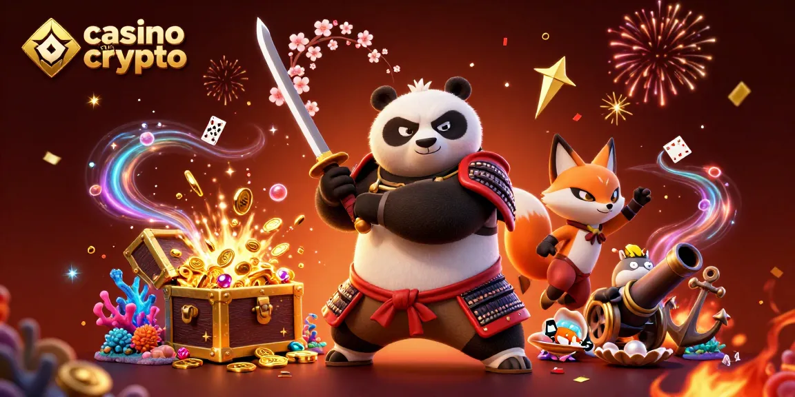 Celebra la vincita nei casino con crypto con panda samurai e ninja, ricco di elementi di gioco.