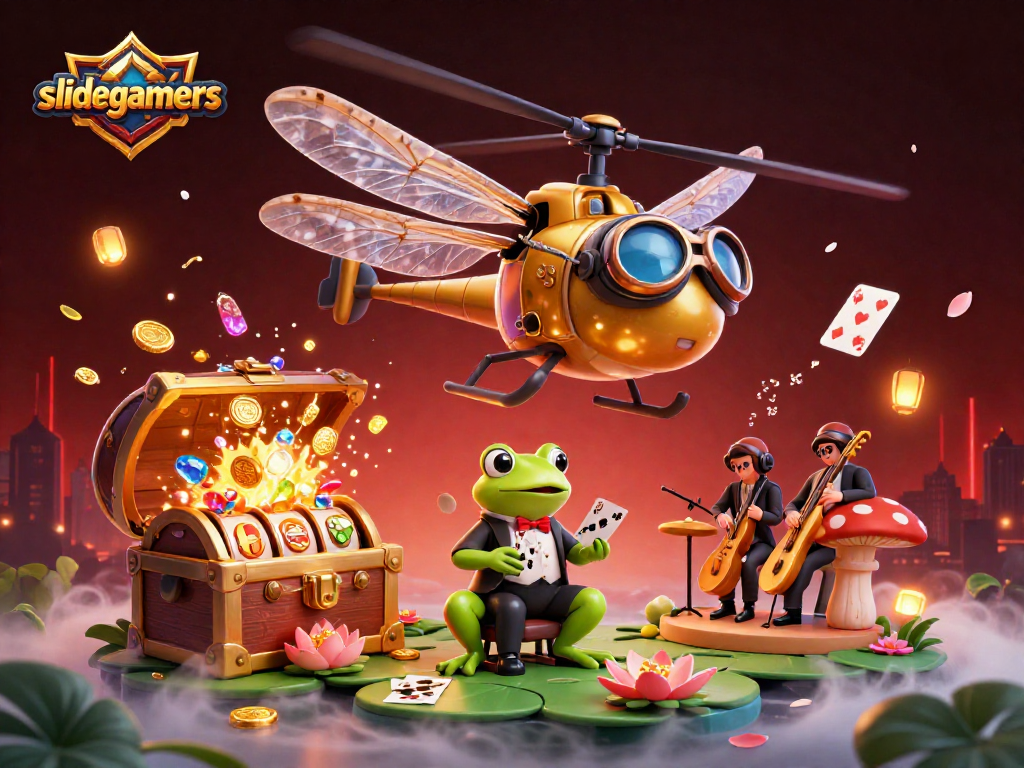 Engage with slidegamers by joining a lively scene of a dragonfly pilot and frog dealer surrounded by vibrant casino elements.