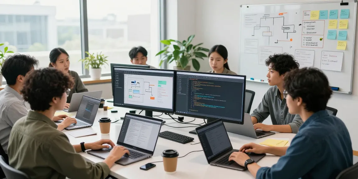 Diverse team collaborating in an office to build internal tools with AI, showcasing innovation and teamwork.