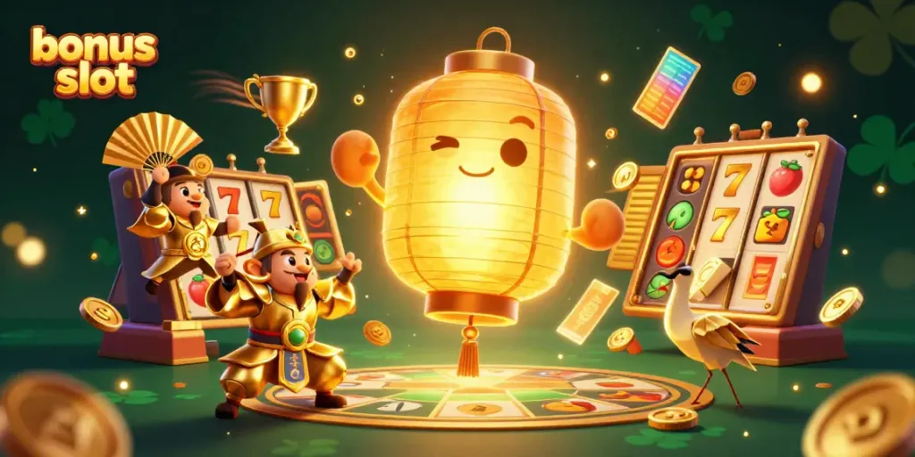 Experience the excitement of bonus slot gaming with vibrant 3D illustration showcasing a golden lantern spirit and dynamic slot elements.