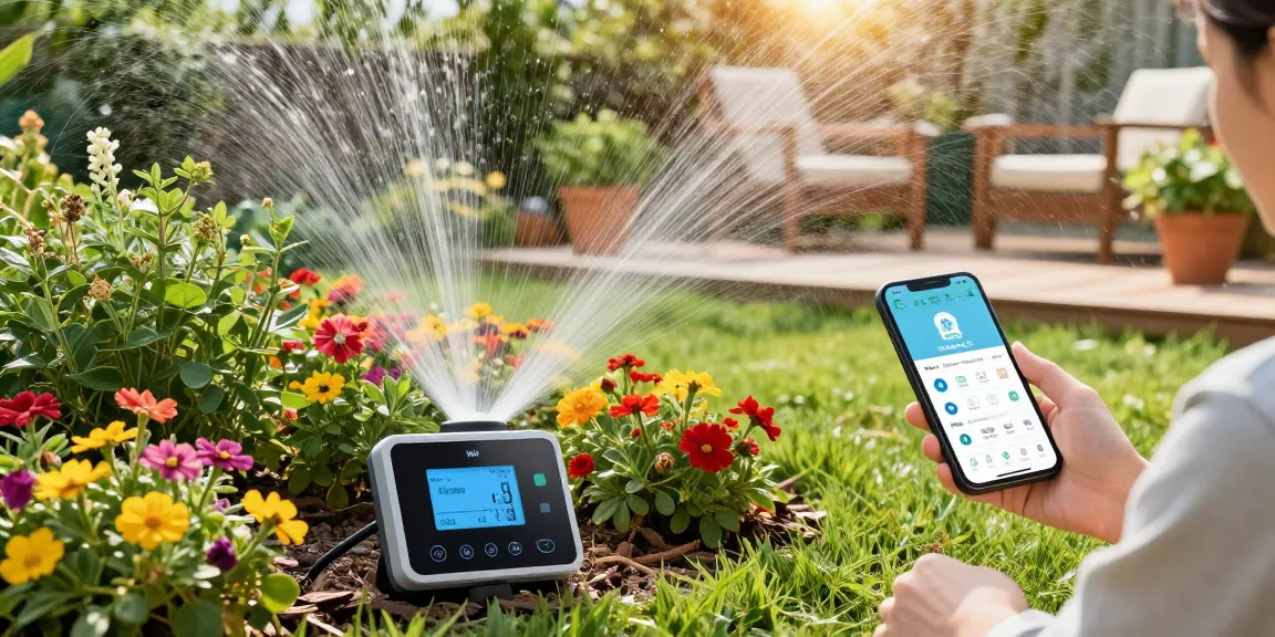 wifi sprinkler controller in use by a homeowner managing irrigation for vibrant garden beds.