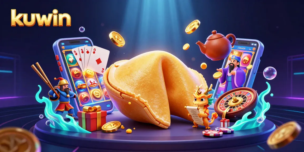 Kuwin players engaging with vibrant colorful slots and fortune characters in a lively casino scene