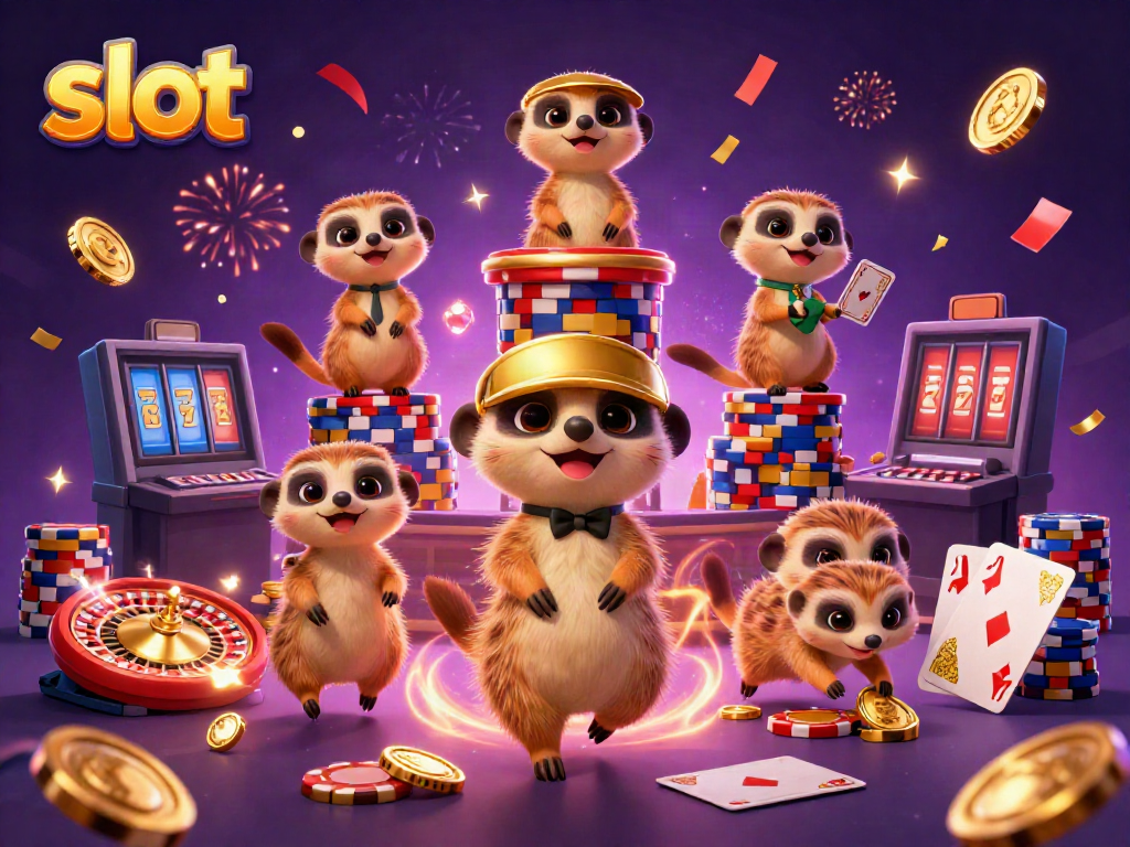 Slot online menampilkan koloni meerkat yang beroperasi di kasino dengan chip dan koin emas.