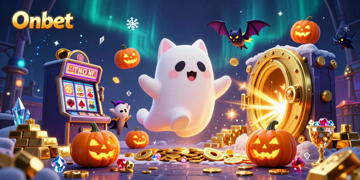 Experience Onbet's thrilling casino atmosphere with a ghost cat, bat, and glowing pumpkins.