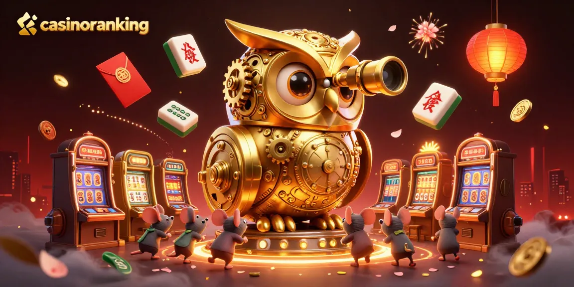 Engage with casinoranking's animated casino scene featuring a clockwork owl surveying brass slot machines amid festive elements.