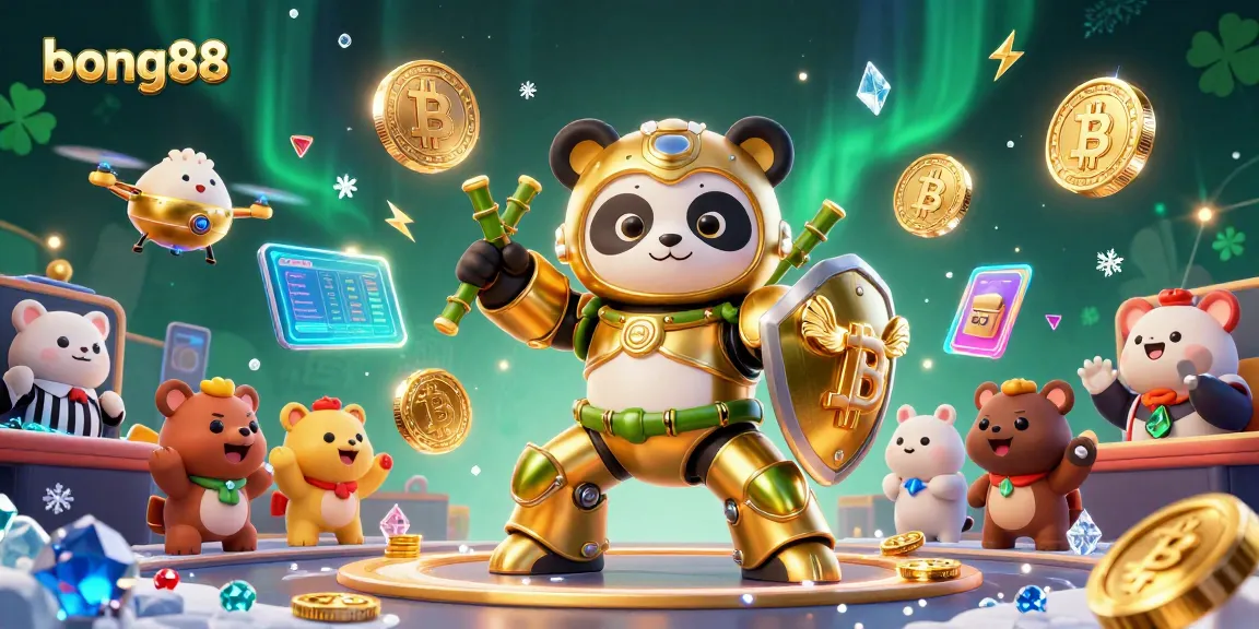 Engage with bong88 in a vibrant casino showdown featuring a mech-suit panda and crypto elements.