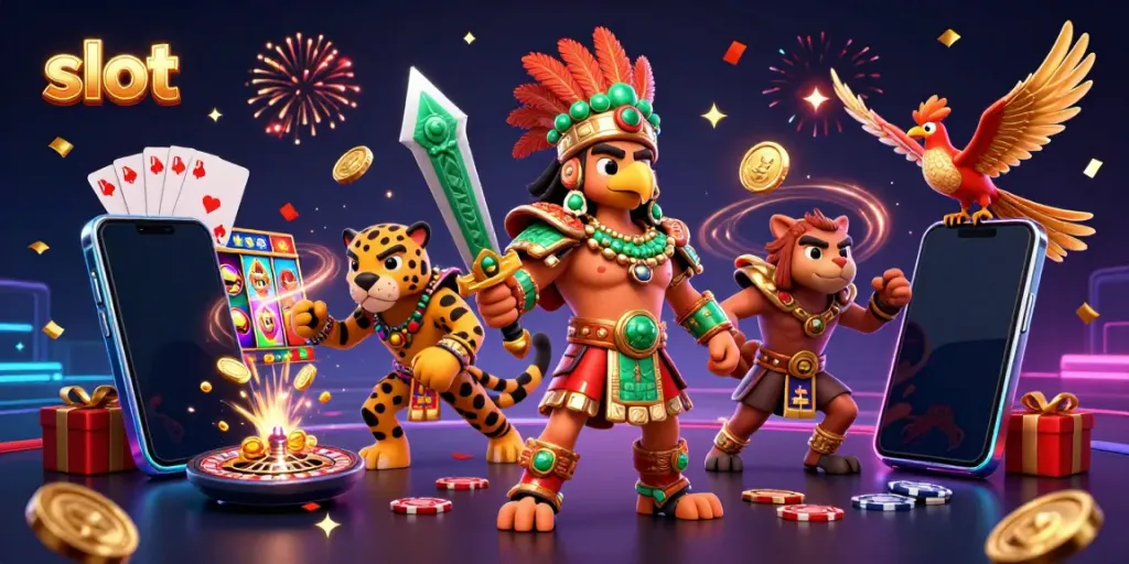 Menggandakan slot dengan pahlawan Aztec dalam ilustrasi 3D yang penuh warna dan detail.
