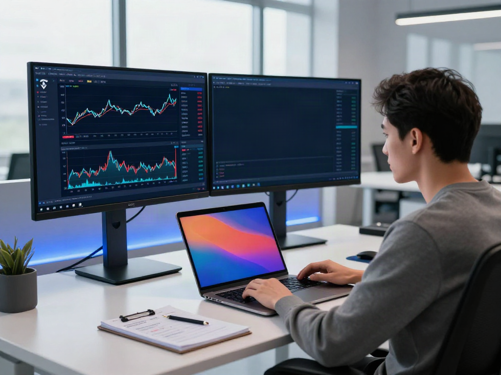 Real-time market data API for AI agents displayed on multiple screens in a professional cryptocurrency trading office.