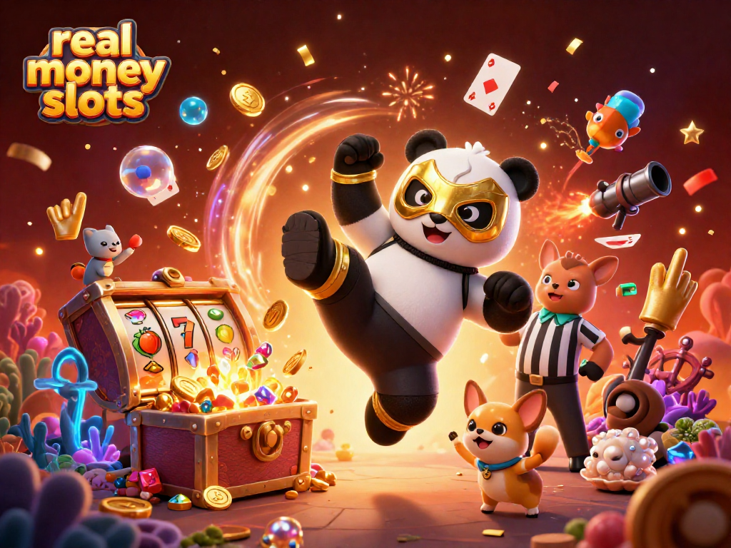 Experience real money slots excitement with a dynamic 3D illustration of animated characters and casino elements.