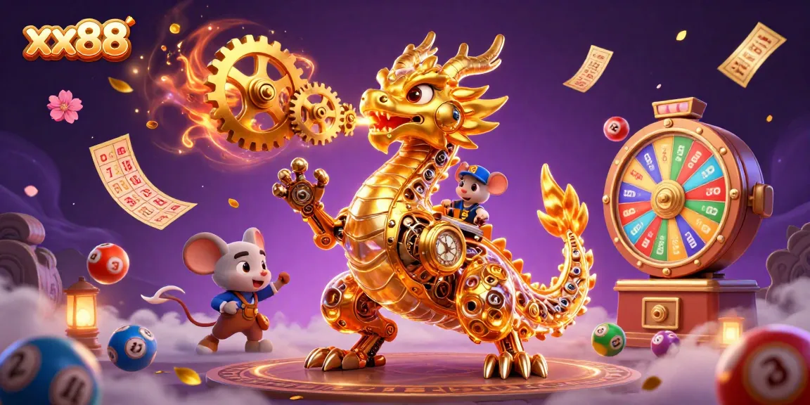 Experience thrilling gameplay at xx88 with a vibrant scene featuring a golden dragon and lottery elements.