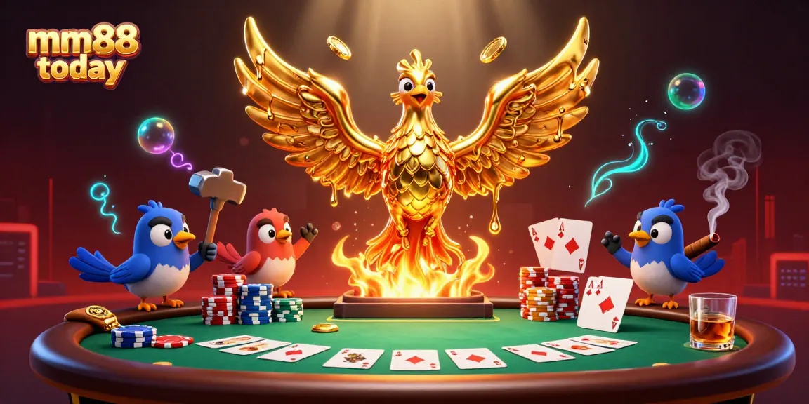 Experience the thrilling ambiance of mm88 today with a golden phoenix and poker scene
