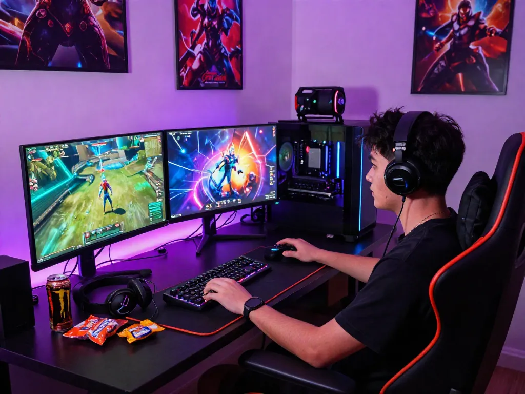 Penggemar gaming terlibat dengan diana4d di PC gaming mewah, suasana memukau dengan cahaya LED neon.