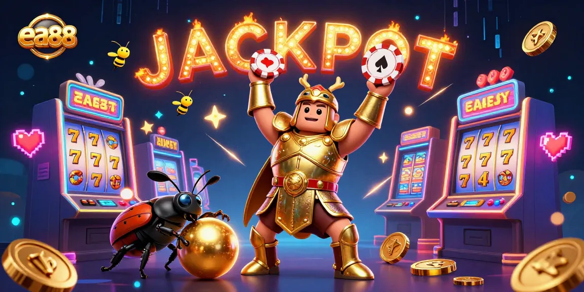 ea88 offers an exciting jackpot experience with a heroic beetle celebrating victory amidst colorful slot games.