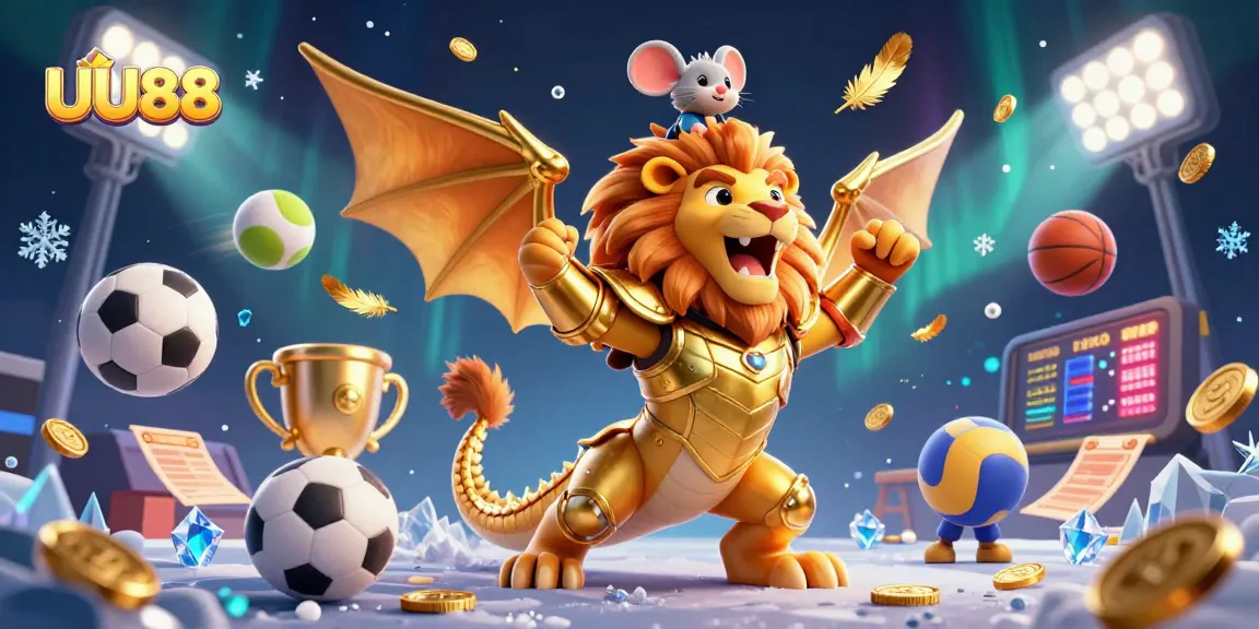 UU88 showcases a dynamic casino scene featuring a victorious chimera and sports elements for online gamblers.