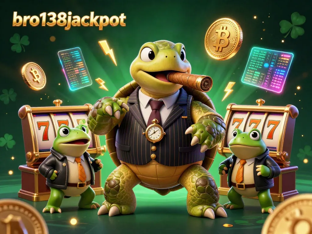 Engage with the bro138jackpot scene displaying iconic slots, a turtle mobster, and dynamic casino elements.