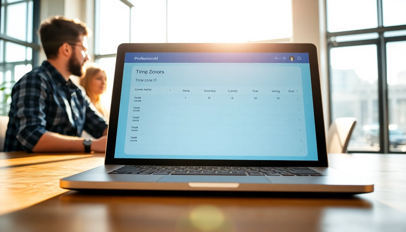 Maximize efficiency with AI scheduling with time zones on a modern laptop in a vibrant office.