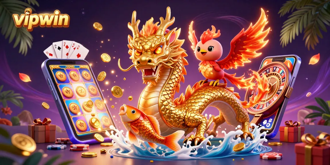 Experience the thrill of vipwin with a dazzling scene featuring a golden dragon, phoenix, and koi fish among vibrant casino elements.