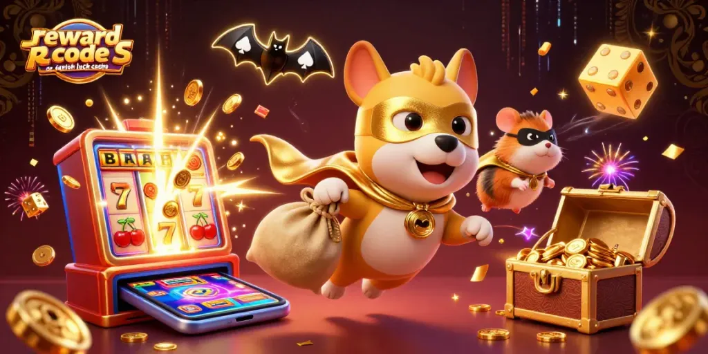 Win exciting rewards with the reward code for lavish luck casino amidst a vibrant 3D casino landscape.