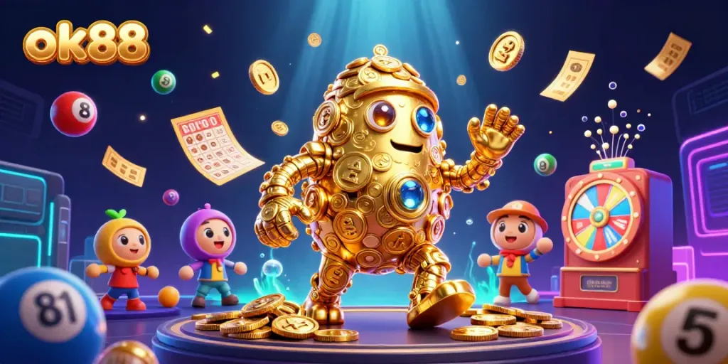 Experience the thrilling jackpot chase at ok88 with a vibrant 3D rendering of casino elements and a golden golem.