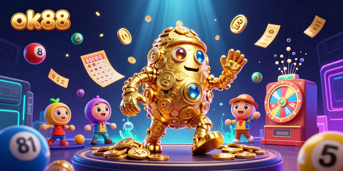 Experience the thrilling jackpot chase at ok88 with a vibrant 3D rendering of casino elements and a golden golem.