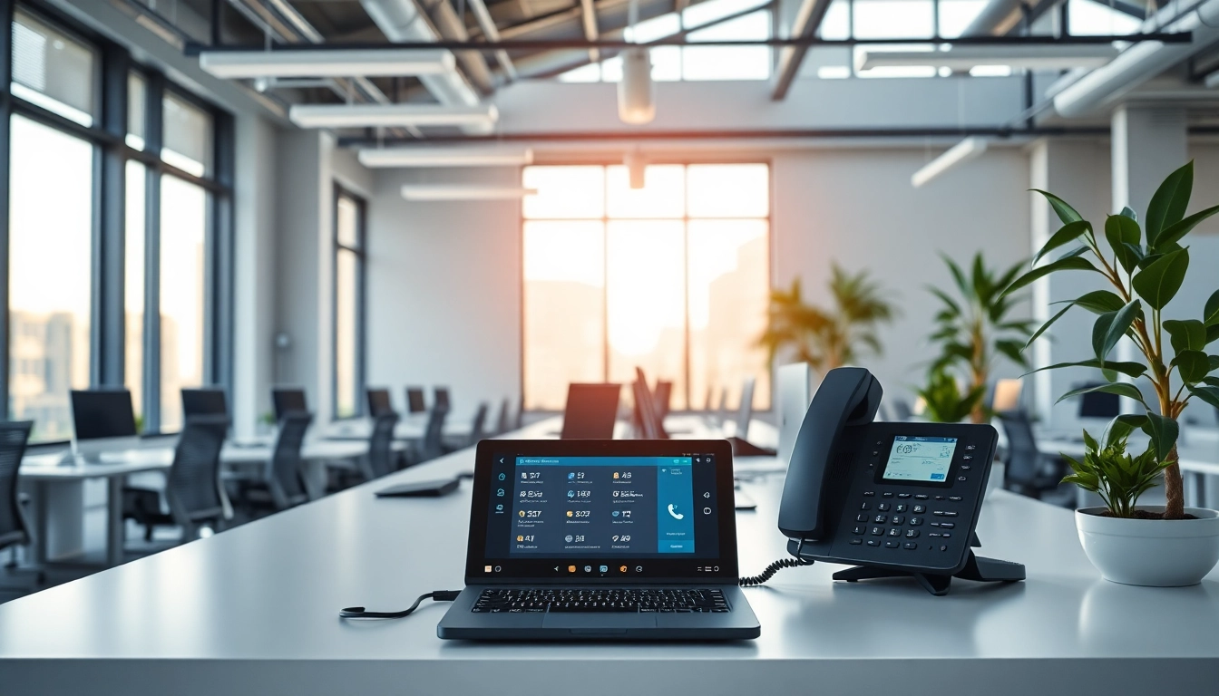 Showcasing a cloud business phone system setup in an inviting office with modern decor.