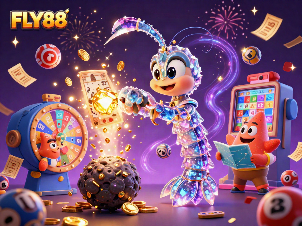 FLY88 offers thrilling gaming with a galactic samurai amidst vibrant lottery elements showcasing a unique casino experience.
