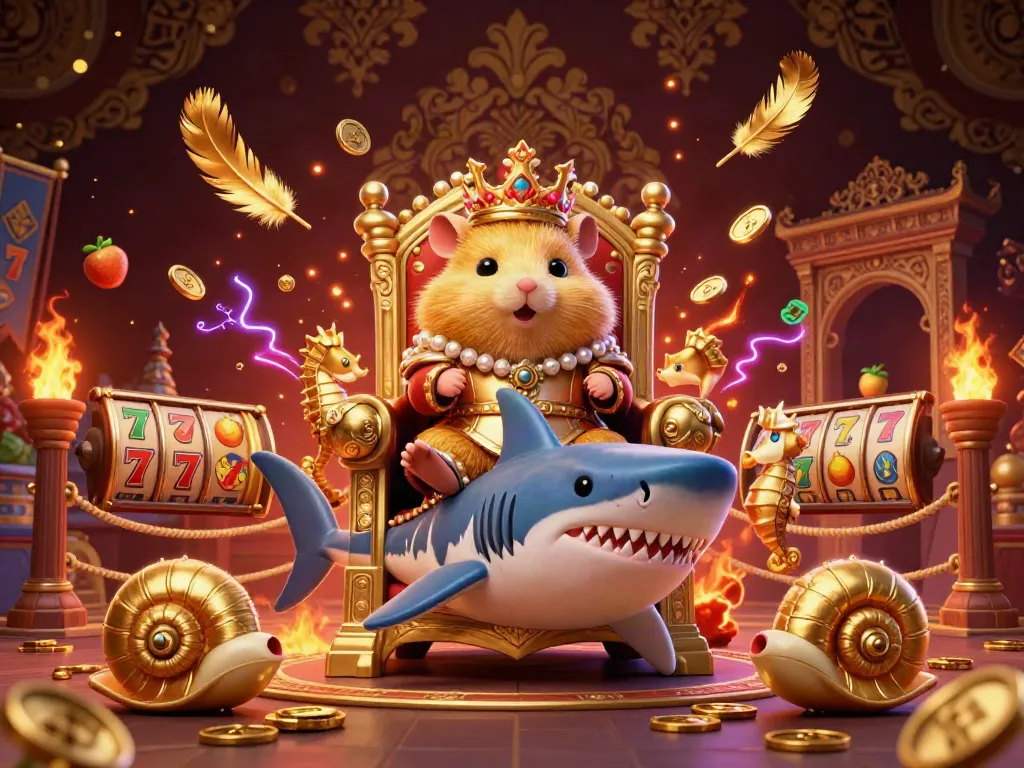 Raja hamster emas bermahkota bermain slot dengan garda kuda laut dan simbol buah.