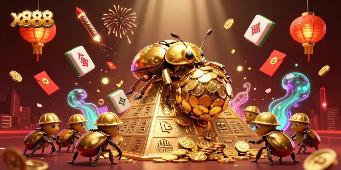 x888 showcases a golden dung beetle rolling coins in a vibrant casino scene filled with luck.