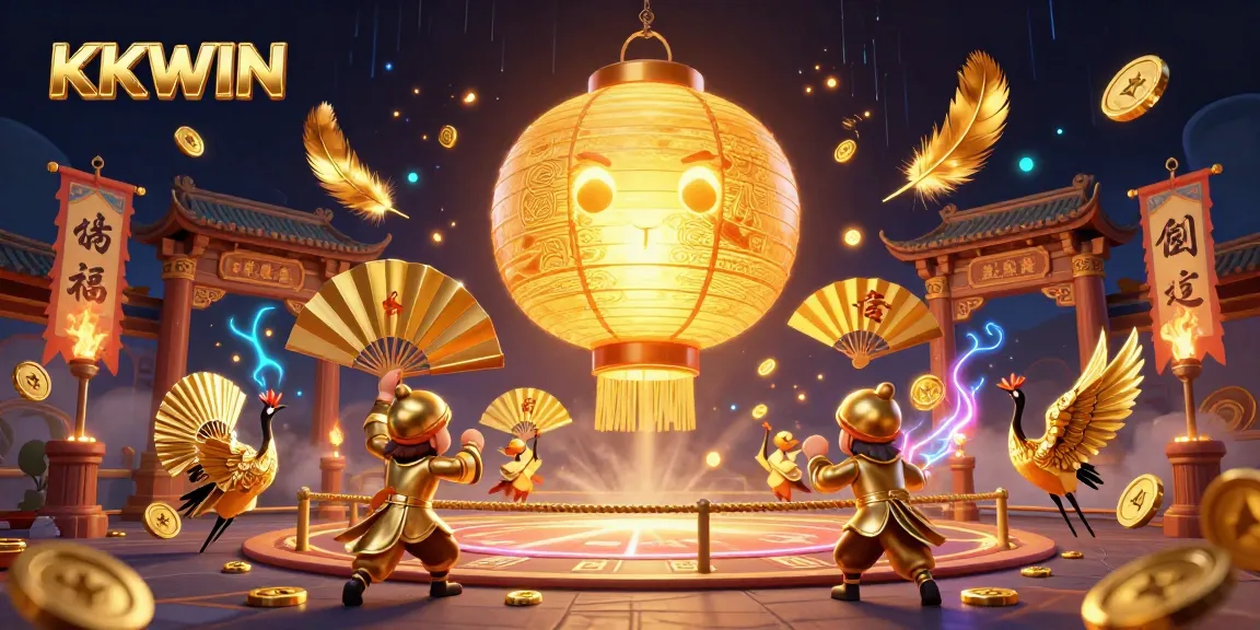 Engage with KKWIN's dynamic casino scene showcasing golden lantern spirits, warriors, and interactive game elements.