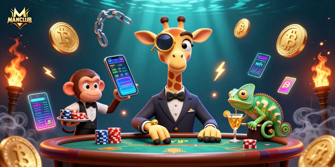 Experience high-stakes thrills at MANCLUB with a giraffe, monkey, and chameleon in an exciting casino scene.