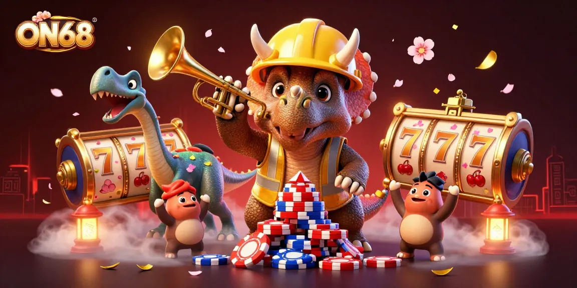 Engage with ON68 in this vibrant 3D casino scene showcasing exciting slot games and dynamic characters.