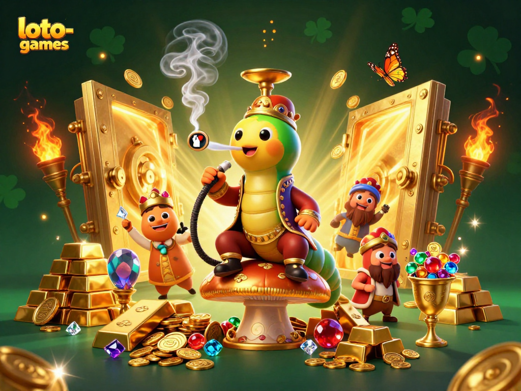 Loto-games casino scene featuring a sultan caterpillar, treasure, and poker symbols.