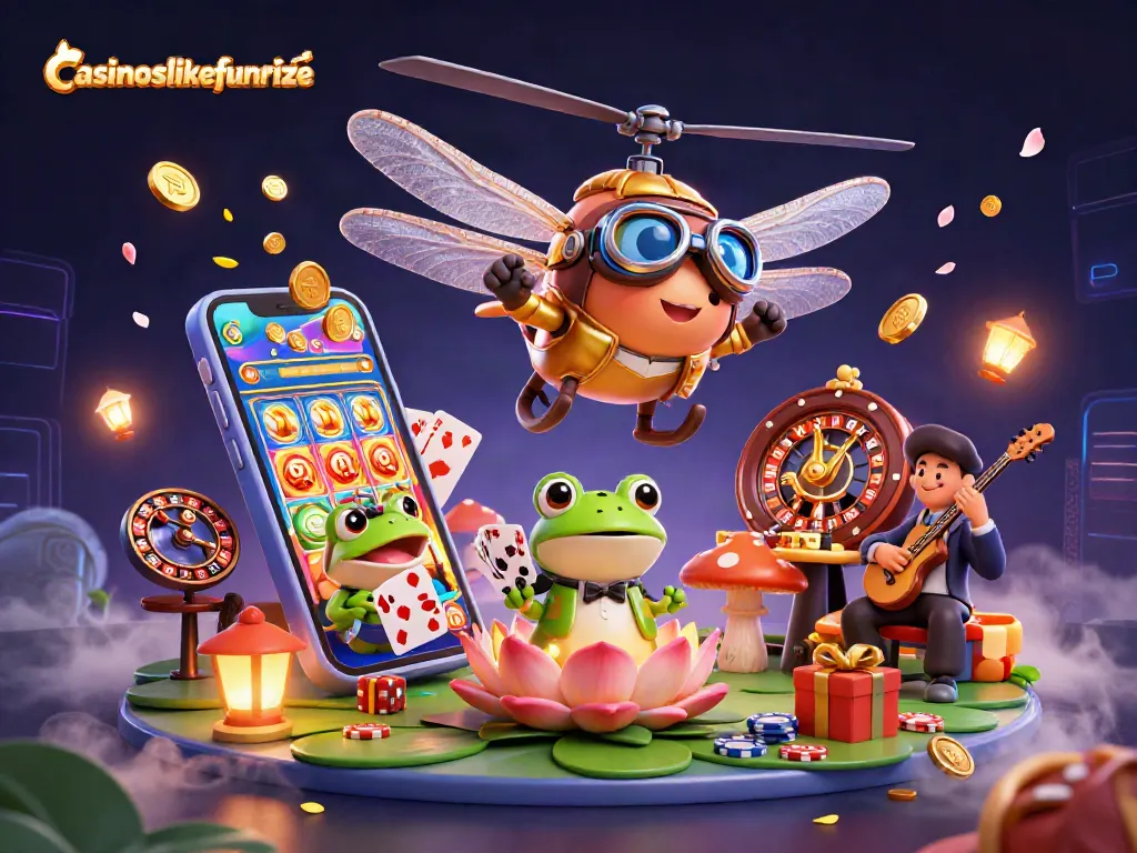 Engage with casinoslikefunrize through vibrant gaming action featuring a dragonfly pilot and frog dealer.
