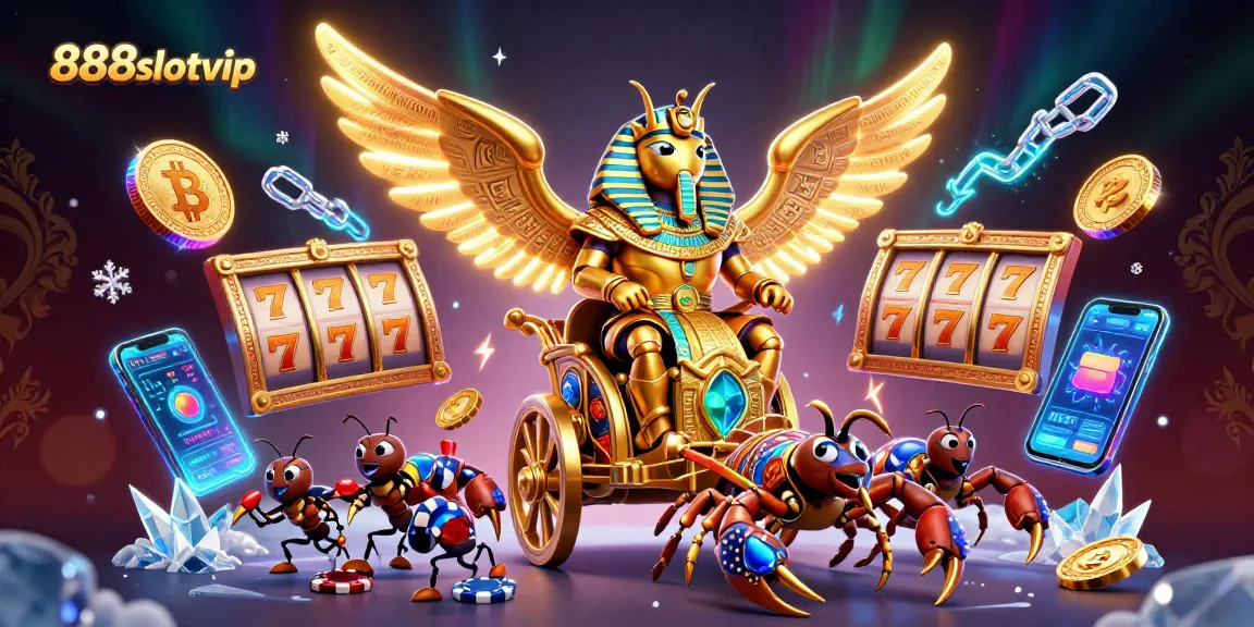 Experience the thrilling features of 888slotvip with vibrant casino symbols and mysterious characters.