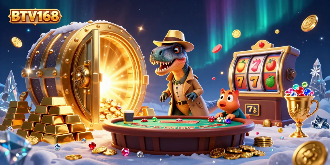 BTV168 brings excitement from a cunning velociraptor at the blackjack table surrounded by sparkling riches.