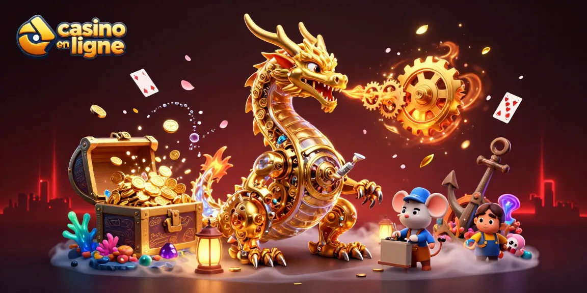 Illustration de dragon doré mécanique représentant le casino en ligne en France, entouré de trésors et de cartes volantes