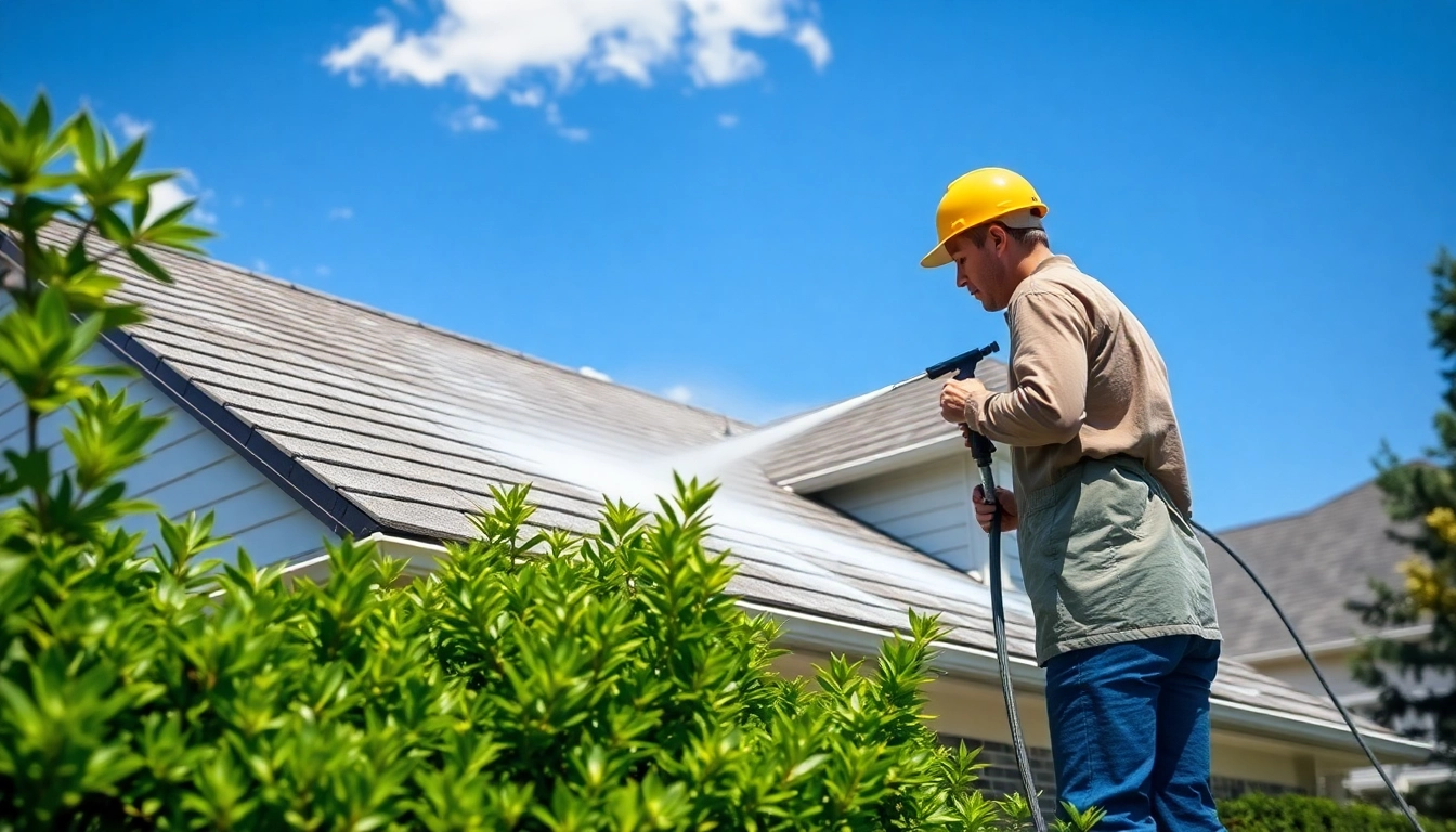 Roof Cleaning with a professional technician using a soft wash system on a suburban home.