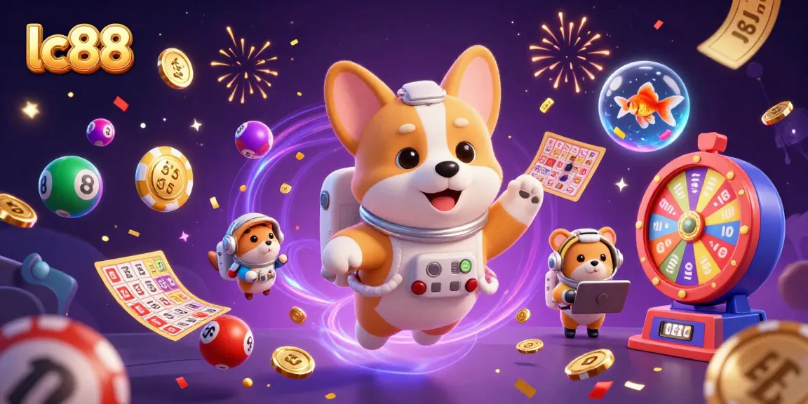 Play and win at lc88 with a dynamic scene of a floating casino filled with lottery elements and vibrant characters.