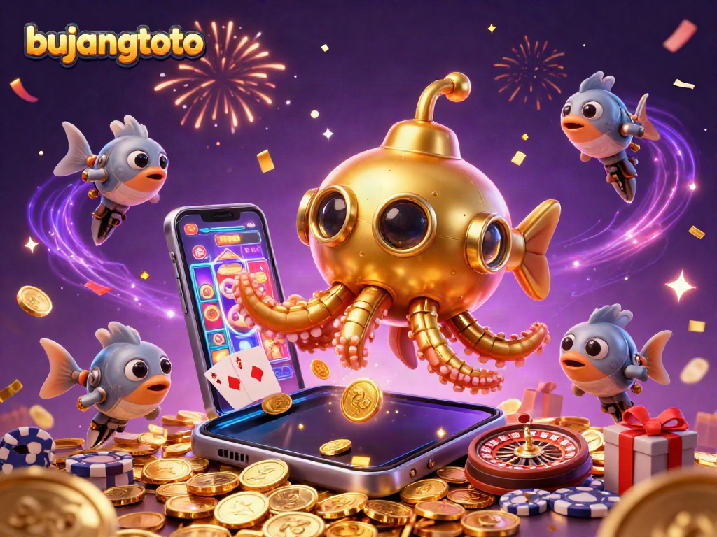 Join the bujangtoto adventure with a kraken submarine amidst golden coins and spinning slot reels.