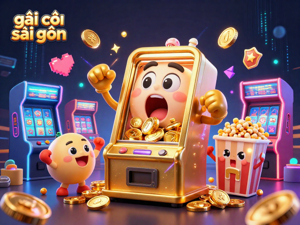 Engage with the vibrant energy of gái gọi sài gòn in this lively 3D casino illustration showcasing a winning slot machine amidst colorful gaming elements.