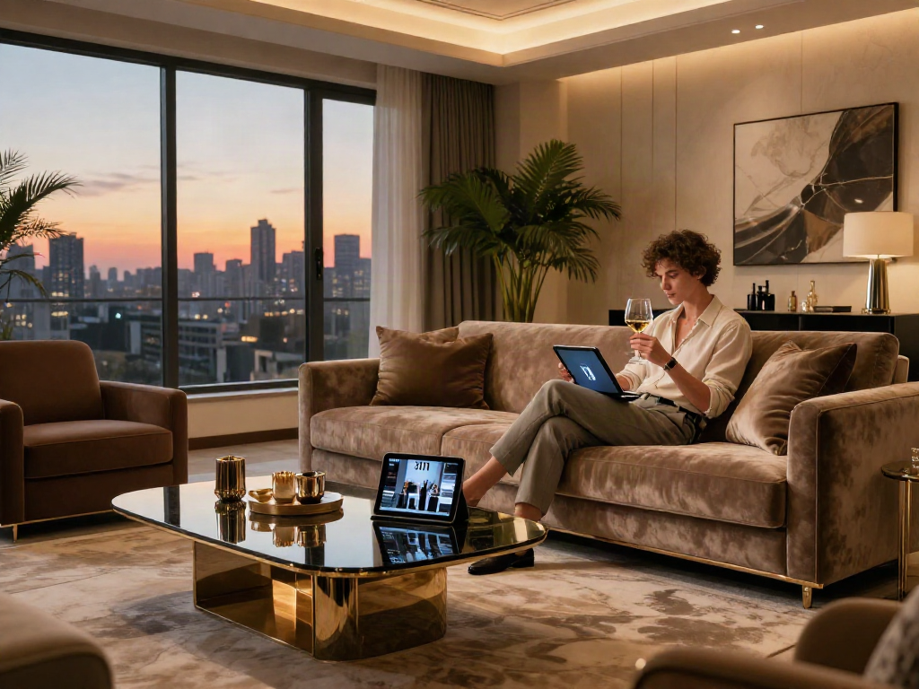 Gaya hidup mewah luxury111 di ruang tamu elegan dengan pemandangan kota